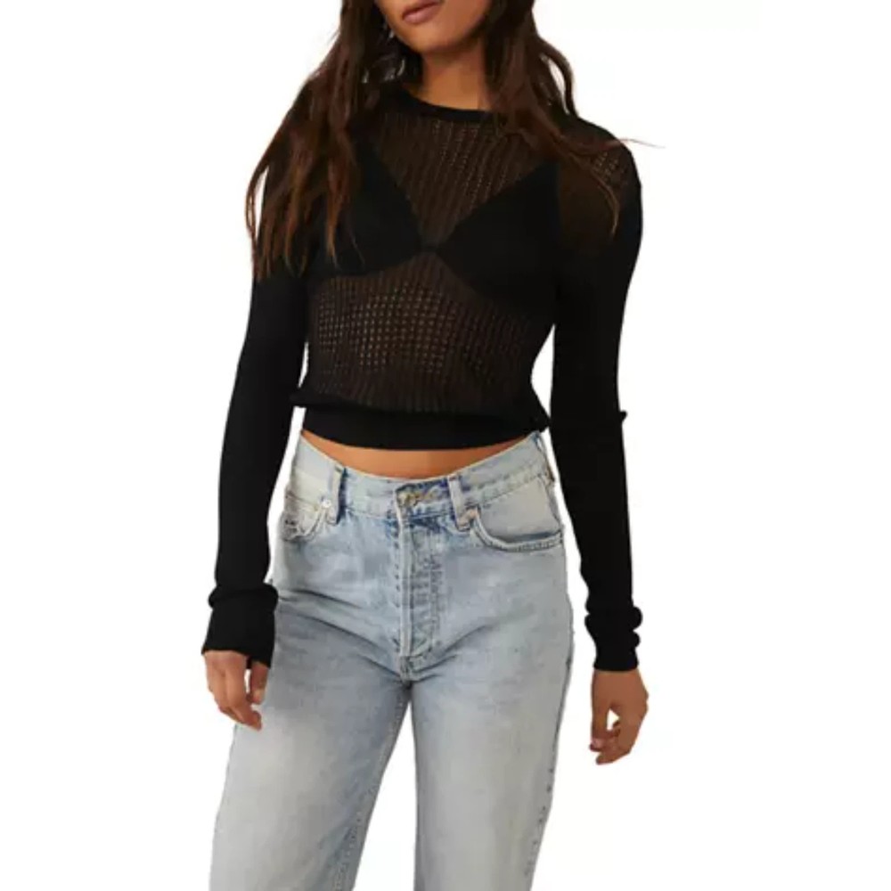 Free People Black Sheer Knit Long-Sleeve Top